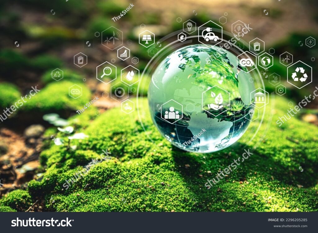 stockphotocrystalglobeputtingonmosswithenvironmenticonsaveworldsustainableenvironmentconcept2296205285 iWorkZoom
