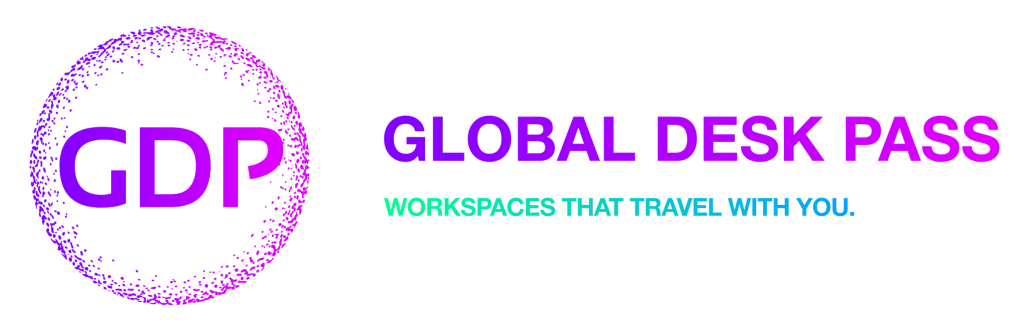 GDP Global Desk Pass logo: a purple dotted circle with 'GDP' lettering, followed by gradient text 'GLOBAL DESK PASS' and the cyan-to-teal slogan 'WORKSPACES THAT TRAVEL WITH YOU.'